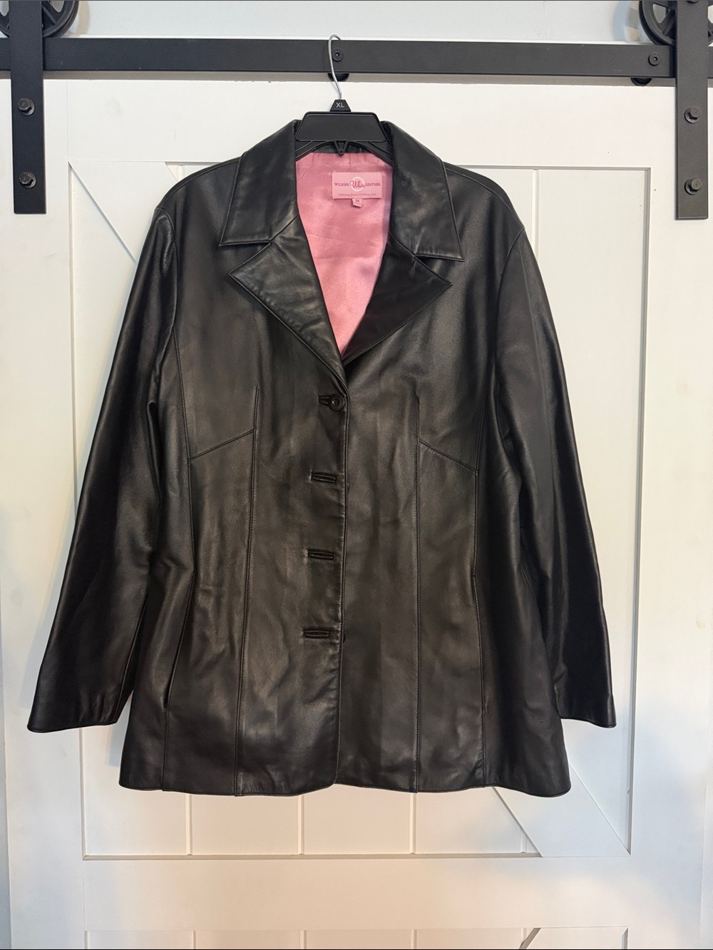 Wilson Leather Women’s Black Leather Button-Front Jacket with Pink Lining